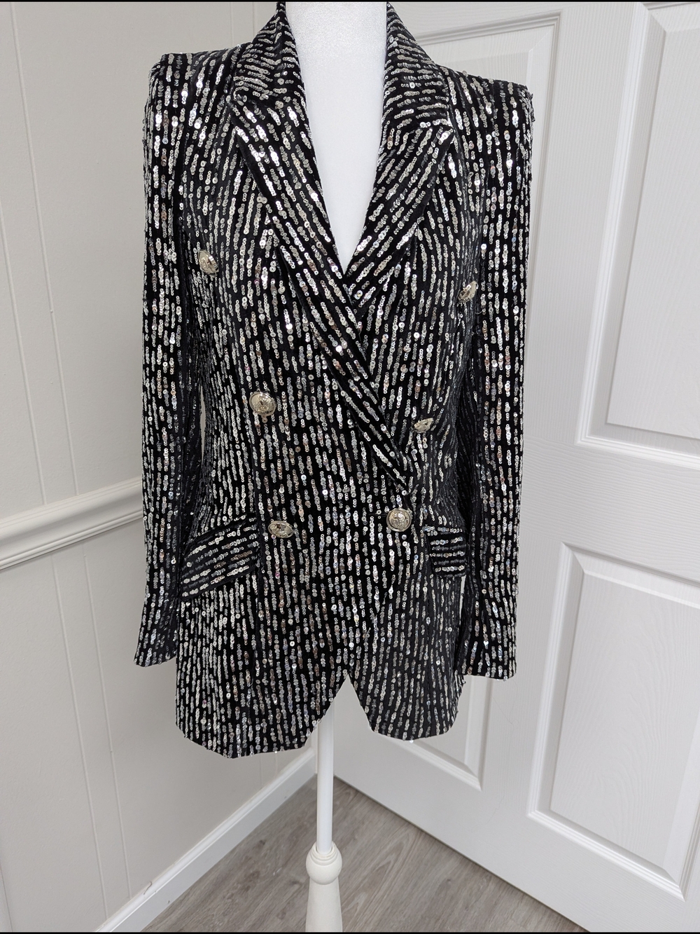 River Island Sequin-Embellished Black Double-Breasted Blazer